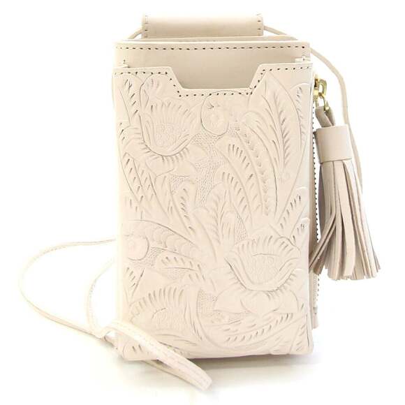 GRACE CONTINENTAL Shoulder Bag Carving Stripes Mobile Wallet Ecru Leather Sma...